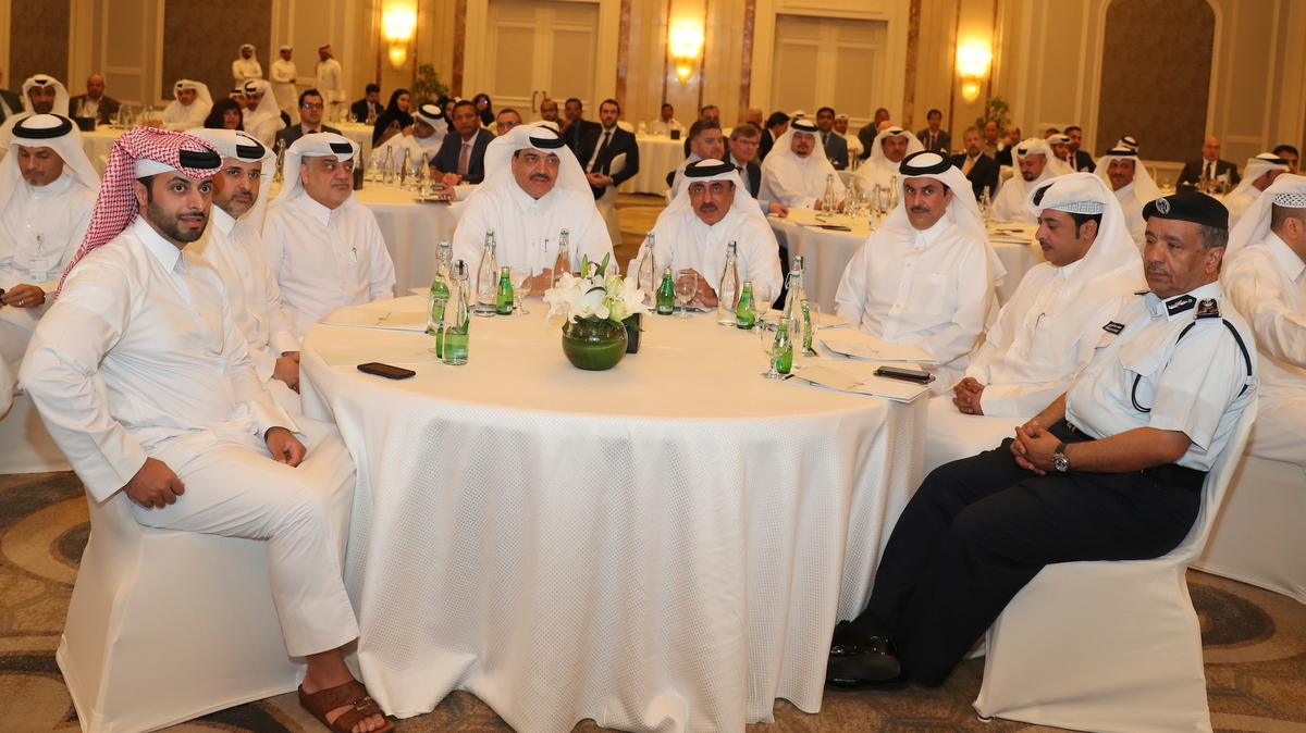 Minister of Transport and Communications H E Jassim bin Saif Ahmed Al Sulaiti, Minister of Municipality and Environment 
H E Mohammed bin Abdullah Al Rumaihi, and other delegates at the launch of QTRP yesterday.