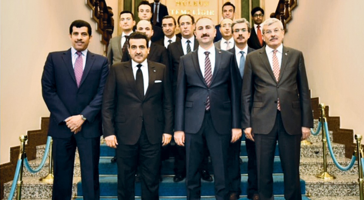 Attorney-General H E Dr Ali bin Fetais Al Marri (second left),  with Turkish Justice Minister Abdulhamit Gul (second right), and other officials in Ankara, yesterday. Also seen is Qatar’s Ambassador to Turkey Salem bin Mubarak Al Shafi (left).