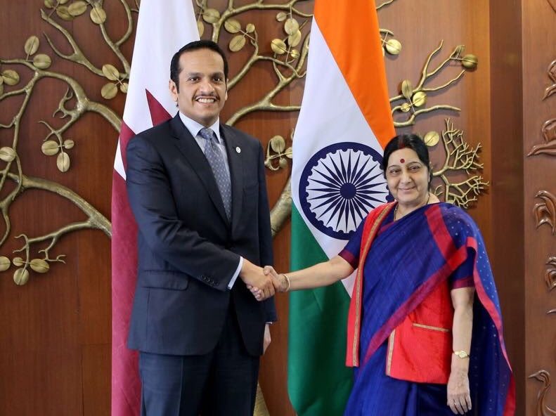 Qatari Foreign Minister H E Sheikh Mohamed bin Abdulrahman Al-Thani with Indian External Affairs Minister Sushma Swaraj in New Dlehi, India.