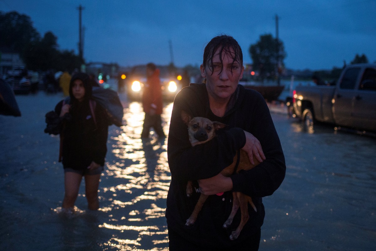 A woman holds her dog as she arrives to high ground after evacuating her home due to floods caused by Tropical Storm Harvey along Tidwell Road in east Houston, Texas, U.S. August 28, 2017. REUTERS/Adrees Latif