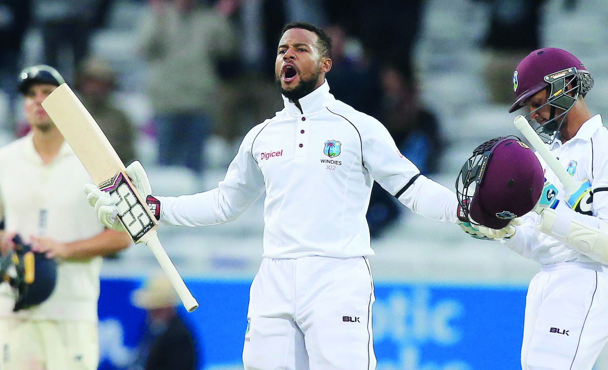 West Indies’ Shai Hope reacts after winning the second Test match against England on the fifth day at Headingley cricket ground in Leeds, northern England, yesterday.