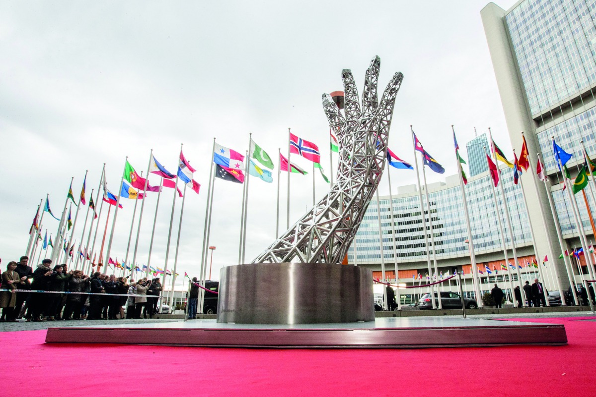 The unveiled sculpture of artist Ahmed Al Bahran is seen at the Vienna International Center. 