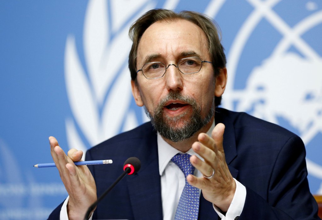 Zeid Ra'ad Al Hussein, U.N. High Commissioner for Human Rights gestures during a news conference at the United Nations Office in Geneva, Switzerland August 30, 2017. REUTERS/Denis Balibouse
