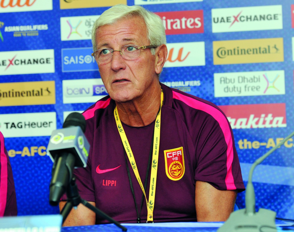 China’s coach Marcello Lippi speaking at a press conference held at the Khalifa International Stadium yesterday. Picture: Kammutty VP