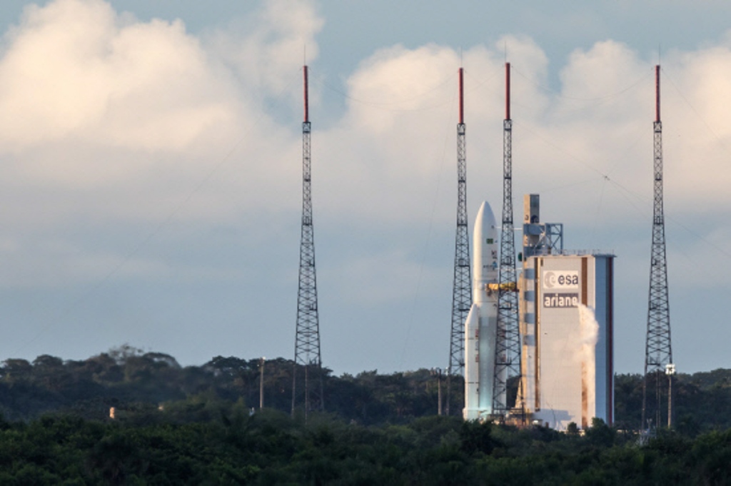 An Ariane 5 rocket prepares to lift off from the French Guiana Space Center with Brazilian and South Korean satellites on board, May 4, 2017 in Kourou, French Guiana. — AFP.
