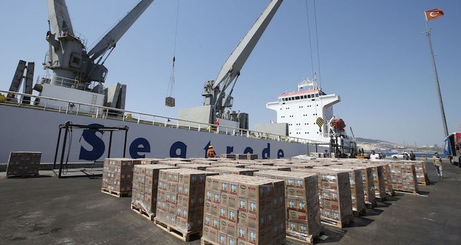 A Qatar bound Turkish ship set to deliver food supplies to Qatar docked at the port in western Turkey's Izmir province