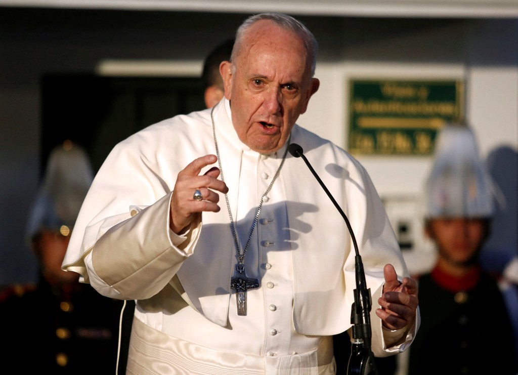 Pope Francis speaks upon arrival at the Nunciature in Bogota, on September 6, 2017.  AFP / JOHN VIZCAINO
