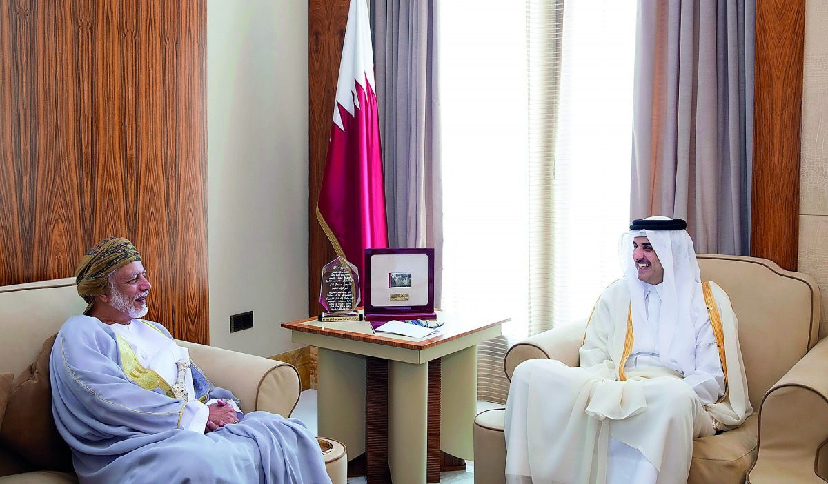 Emir H H Sheikh Tamim bin Hamad Al Thani with Minister Responsible for Foreign Affairs of the Sultanate of Oman, Yusuf bin Alawi bin Abdullah, at Al Bahr Palace, yesterday.