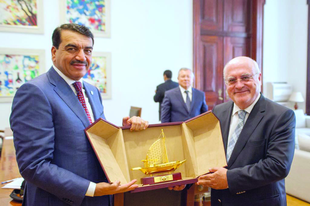 Minister of Municipality and Environment H E Mohammed bin Abdullah Al Rumaihi with Portugal’s Minister of Agriculture, Forestry and Rural Development, Luis Capoulas Santos, in Lisbon.
