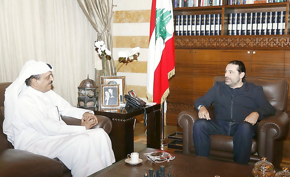 Qatar’s Ambassador to Lebanon Ali bin Hamad Al Marri with the Prime Minister of the Lebanese Republic Saad Al Hariri in Beirut yesterday.
