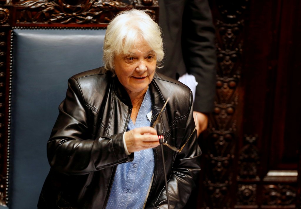 Newly designated President of the Senate and Uruguayan Vice-President Lucia Topolansky gestures at a session at the Legislative Palace in Montevideo, Uruguay September 13, 2017. REUTERS/Andres Stapff

