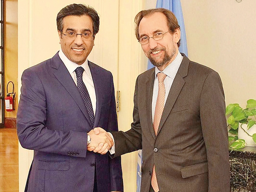 NHRC Chairman, Dr Ali bin Samikh Al Marri, with UN High Commissioner for Human Rights Prince Zeid bin Ra’ad bin Al Hussein in Geneva, yesterday.