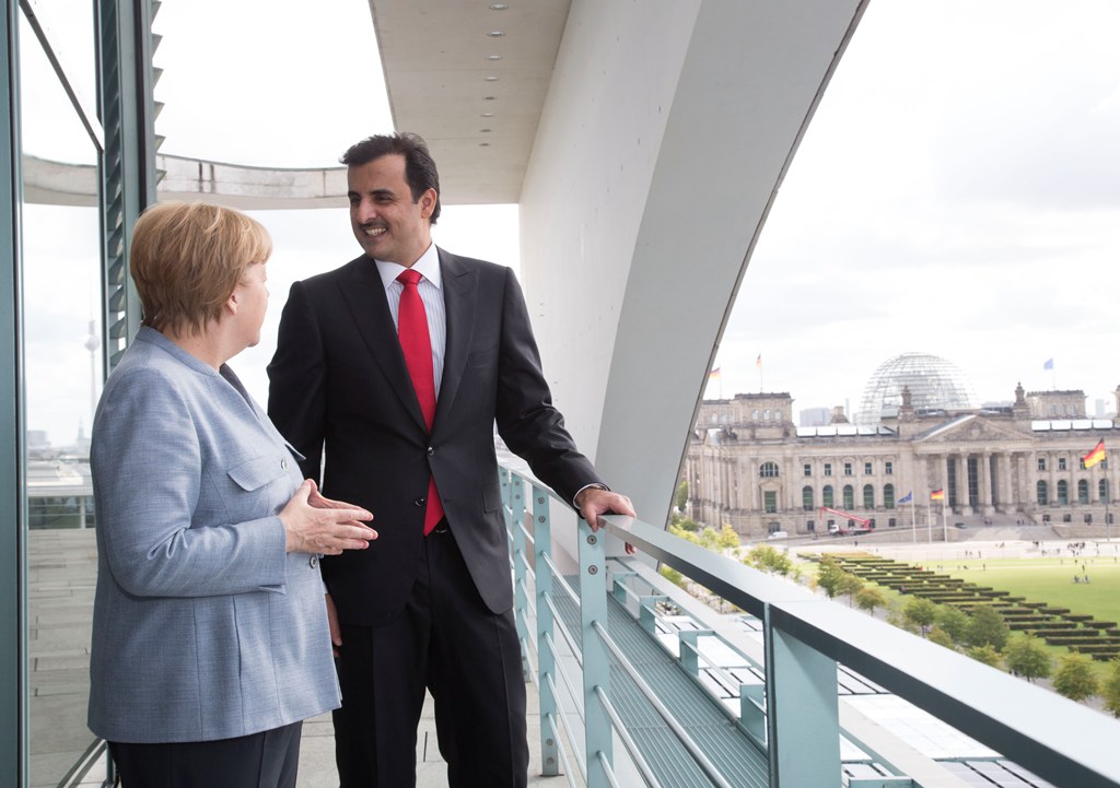 The Emir H H Sheikh Tamim bin Hamad Al Thani and German Chancellor Dr Angela Merkel in Berlin today.