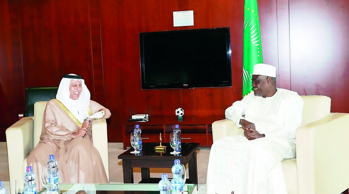 Deputy Prime Minister H E Ahmed bin Abdullah bin Zaid Al Mahmoud with Chairperson of the African Union Commission Moussa Faki Mohamed.
