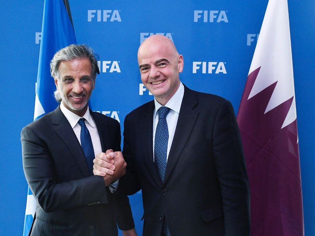 President of the Qatar Football Association Sheikh Hamad bin Khalifa bin Ahmed Al-Thani with FIFA president Gianni Infantino