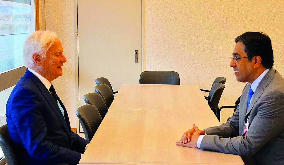 Dr Ali bin Sumaikh Al Marri, Chairman of the National Human Rights Committee (NHRC), with the UN Special Rapporteur, Idriss Jazairy, in Geneva yesterday.