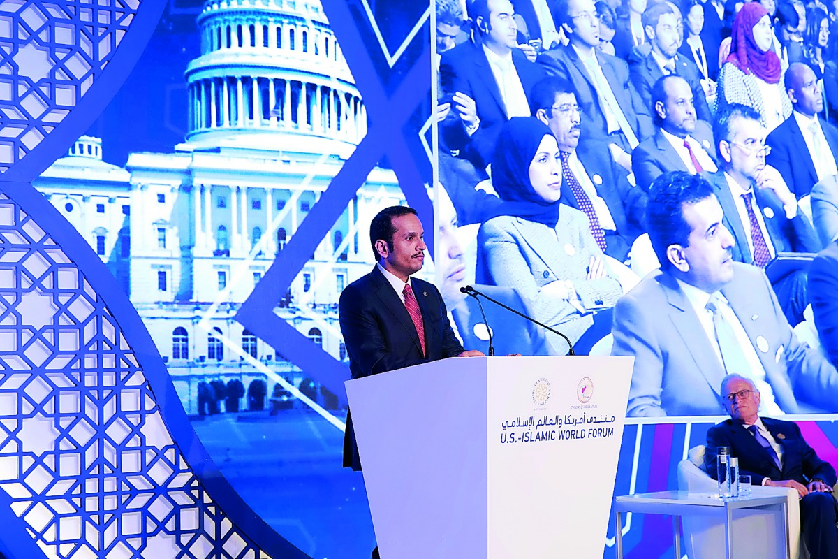 Foreign Minister H E Sheikh Mohammed bin Abdulrahman Al Thani addressing the US-Islamic World Forum in New York yesterday.