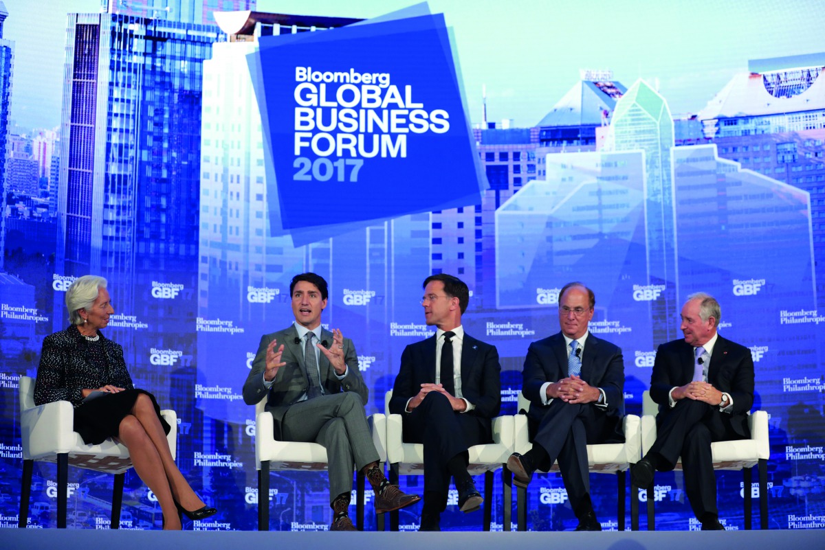 FROM LEFT: Christine Lagarde, managing director of the IMF, Canadian Prime Minister Justin Trudeau, Mark Rutte, Prime Minister of the Netherlands, Laurence Fink, Chairman and CEO of BlackRock, and Stephen Schwarzman, CEO and founder of Blackstone, attend 