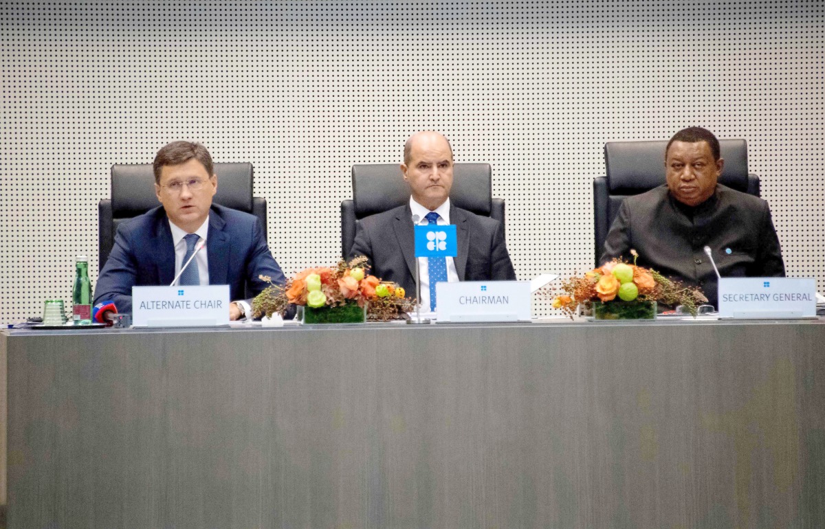 Russian Energy Minister Alexander Novak (left), Kuwaiti Oil Minister Essam Al Marzouk (centre) and Opec Secretary General Mohammed Barkindo of Nigeria at the Opec meeting in Vienna, yesterday.