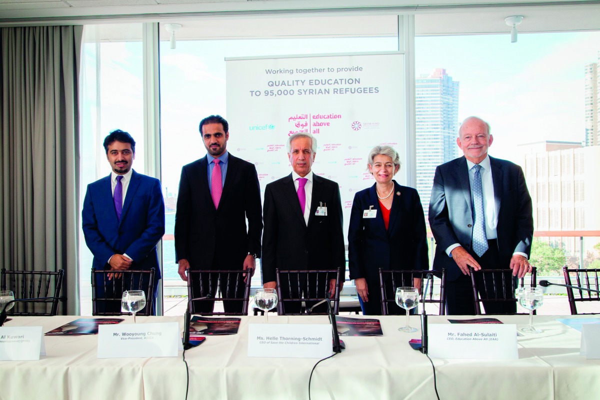 H E Sultan bin Saad Al Muraikhi, Minister of State for Foreign Affairs; Fahad Al Sulaiti, CEO of Education Above All; Khalifa Al Kuwari, CEO, Qatar Fund For Development; Irina Bokova, Director-General of Unesco, and Anthony Lake, Executive Director of Uni