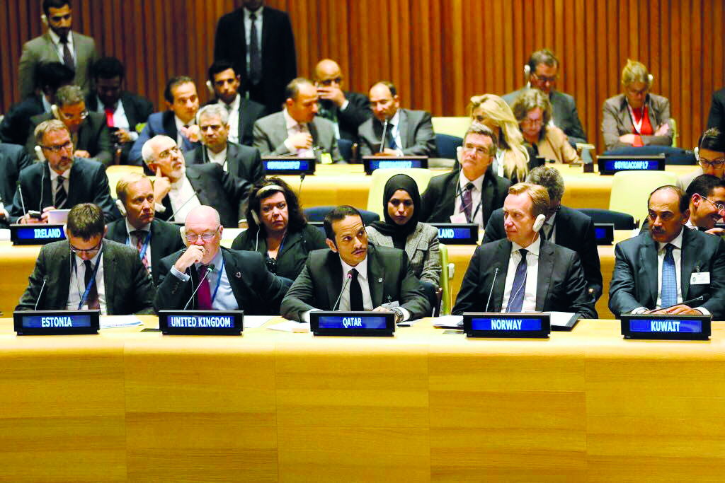 Foreign Minister H E Sheikh Mohammed bin Abdulrahman Al Thani addressing a high-level meeting on accountability in Syria, on the sidelines of the 72nd session of the United Nations General Assembly in New York yesterday.