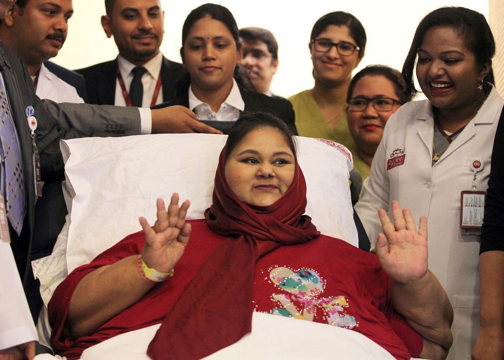 (FILES) This file photo taken on July 24, 2017 shows Egyptian national Eman Ahmed Abd El Aty waving during a press conference at the Burjeel Hospital in Abu Dhabi. AFP / Saeed BASHAR
