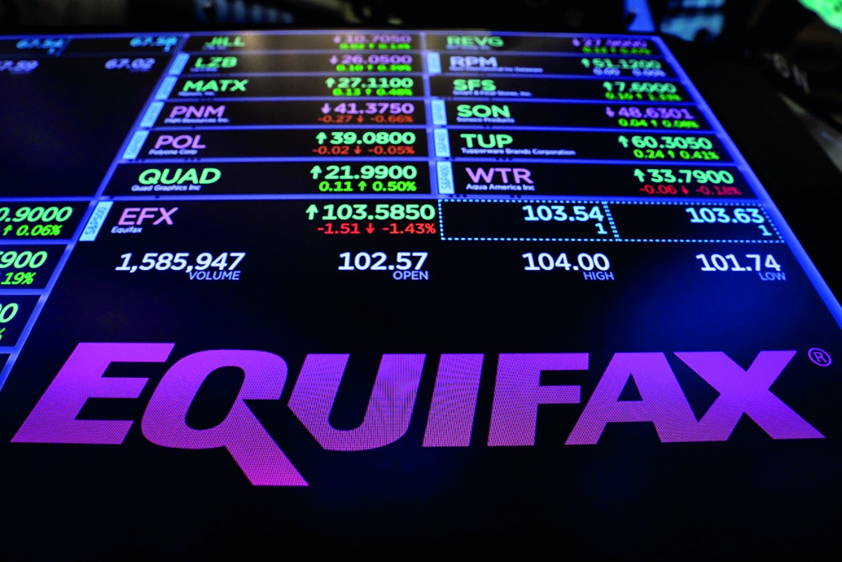 The logo and trading information for Credit reporting company Equifax Inc are displayed on a screen on the floor of the New York Stock Exchange (NYSE) in New York, yesterday.