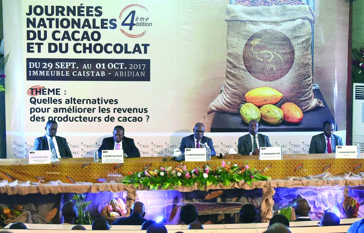 (LtoR) Mayor of the Plateau commune Noel Akossi Bendjo, Cabinet director of the Ministry of Agriculture and Rural Development Minayaha Siaka Coulibaly, Member of the Coffee-Cocoa Board (Conseil du Cafe-Cacao) Lambert Kouassi Konan, Chairman of the Coffee-