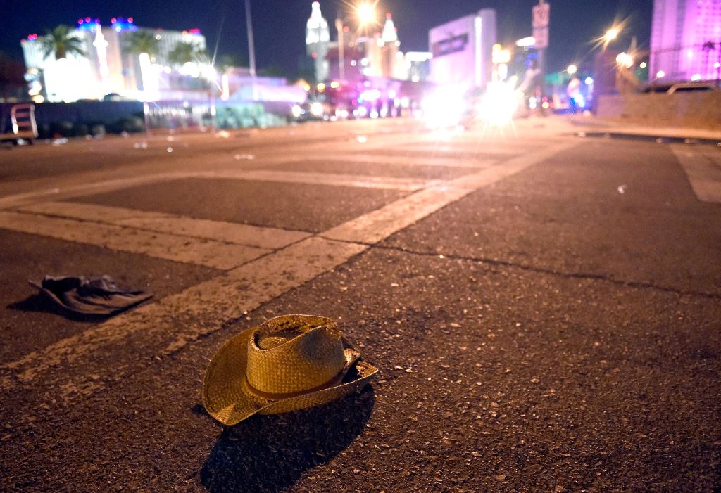LAS VEGAS, NV - OCTOBER 01: A cowboy hat lays in the street after shots were fired near a country music festival on October 1, 2017 in Las Vegas, Nevada. There are reports of an active shooter around the Mandalay Bay Resort and Casino. David Becker/Getty 