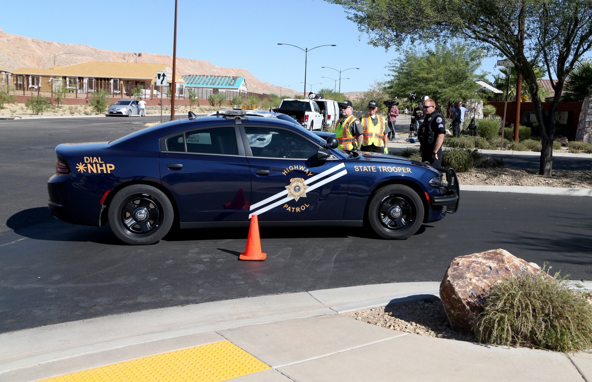 A Nevada Highway Patrol officer arrives at the Sun City Mesquite community where suspected Las Vegas gunman Stephen Padock lived in Mesquite, Nevada on October 2, 2017 in Mesquite, Nevada. Gabe Ginsberg/Getty Images/AFP