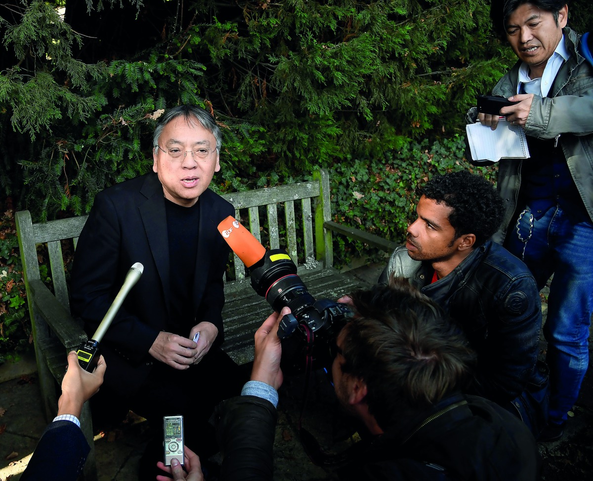Kazuo Ishiguro talking to media persons.