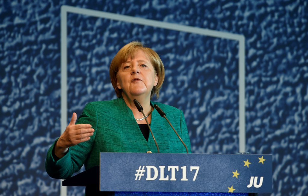 German Chancellor Angela Merkel addresses a meeting of her conservative CDU's youth organization, the Junge Union (Young Union), in Dresden, Germany, October 7, 2017. REUTERS/Matthias Rietschel
