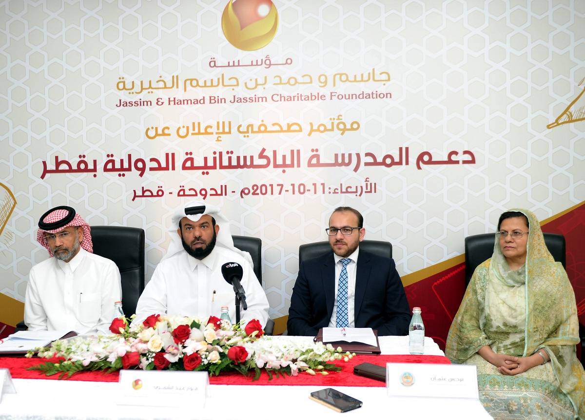 From left; Khalid bin Rashid Al Khayarin, Chairman of Meerqat Polymers Company;  Fawaz Eid Al Shammri, Head of Supporting Services Department at Jassim and Hamad bin Jassim Charitable Foundation; Hafiz Junaid Amir Sial, Community Welfare Attache, Embassy