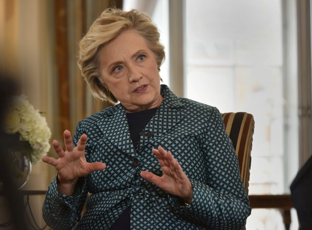 Former U.S. Secretary of State, Hillary Clinton is seen speaking, in this undated photograph received via the BBC, during an interview at Claridge's hotel for the BBC's Andrew Marr Show which was broadcast in London, Britain October 15, 2017. Jeff Overs/B