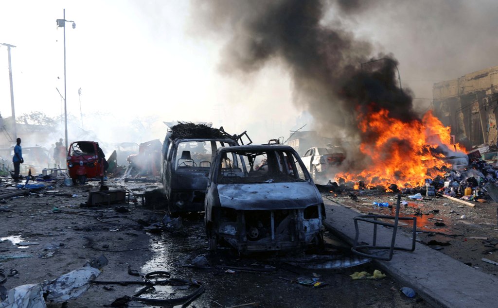 A general view shows the scene of an explosion in KM4 street in the Hodan district of Mogadishu, Somalia October 14, 2017. REUTERS/Feisal Omar
