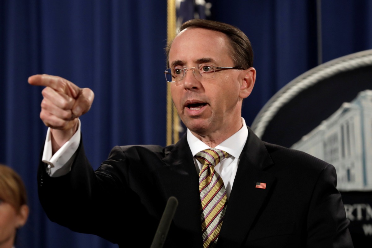 Deputy Attorney General Rod Rosenstein announces new legislation to stop deadly fentanyl and other opiate substances from entering the United States, during a news conference at the Justice Department in Washington, U.S., October 17, 2017. Reuters/Yuri Gr