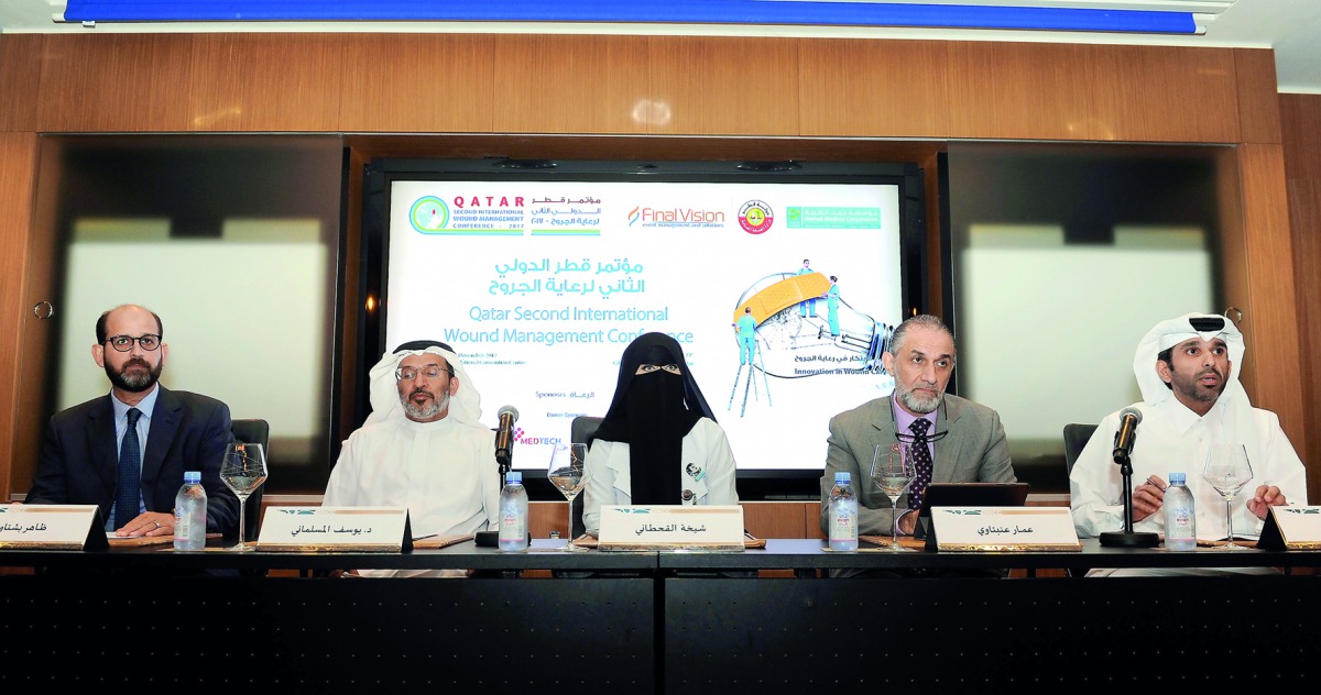 (From left) Dr Thaher Beshtawi, Medical Manager, QDS; Dr Yousef Al Maslamani, Medical Director, HMC, and Chairman of 2017 Scientific Committee; Shaikha Ali Al Qahtani, Director of Nursing for Wound Care, HMC and Chair of Organising Committee of the Second