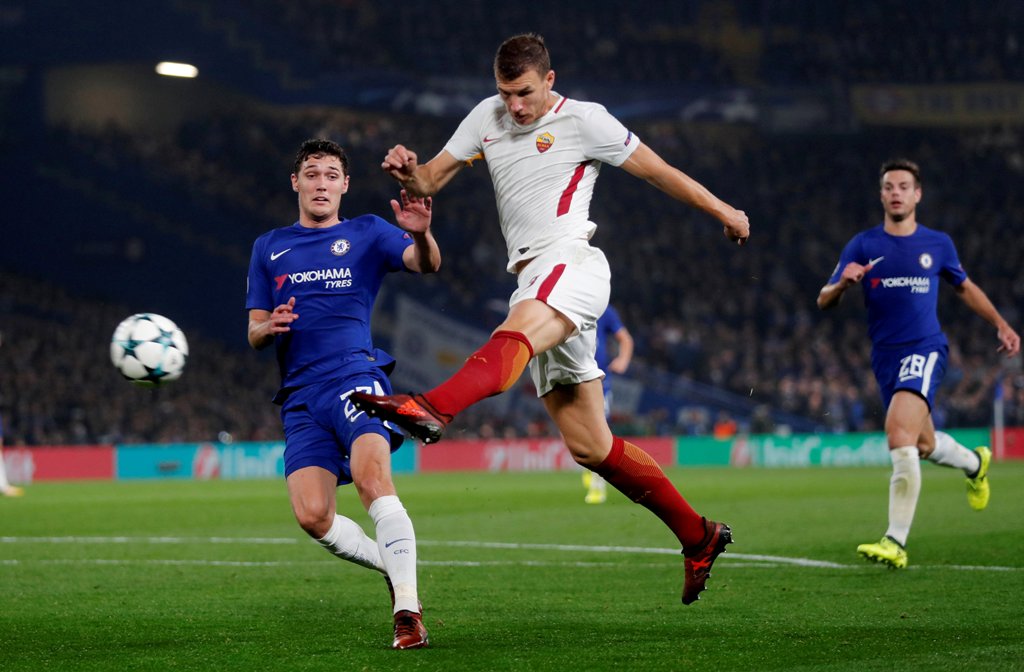 AS Roma's Edin Dzeko scores their second goal REUTERS/Eddie Keogh
