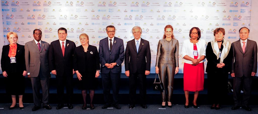 (L to R) Russian Health Minister Veronika Skvortsova, Zimbabwean President Robert Mugabe, Paraguayan President Horacio Cartes, Chilean President Michelle Bachelet, World Health Organisation (WHO) Director-General Tedros Adhanom Ghebreyesus, Uruguayan Pres
