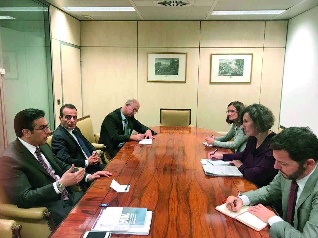 Chairman of the National Human Rights Committee (NHRC), Dr Ali bin Sumaikh Al Marri (left), with Spanish officials in Madrid, yesterday. Also seen is Mohammed bin Jaham Al Kuwari (second left), Qatar’s Ambassador to Spain.