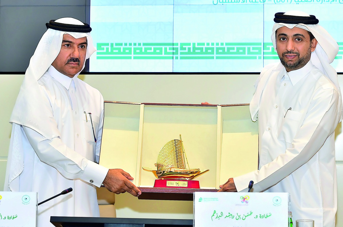 QU President, Dr Hassan Al Derham (right) and Secretary-General of the Ministry of Foreign Affairs and Vice-President of Qatar Committee for Alliance of Civilisations, Dr Ahmed bin Hassan Al Hammadi during an event to launch the “Qatar Global Award for Di