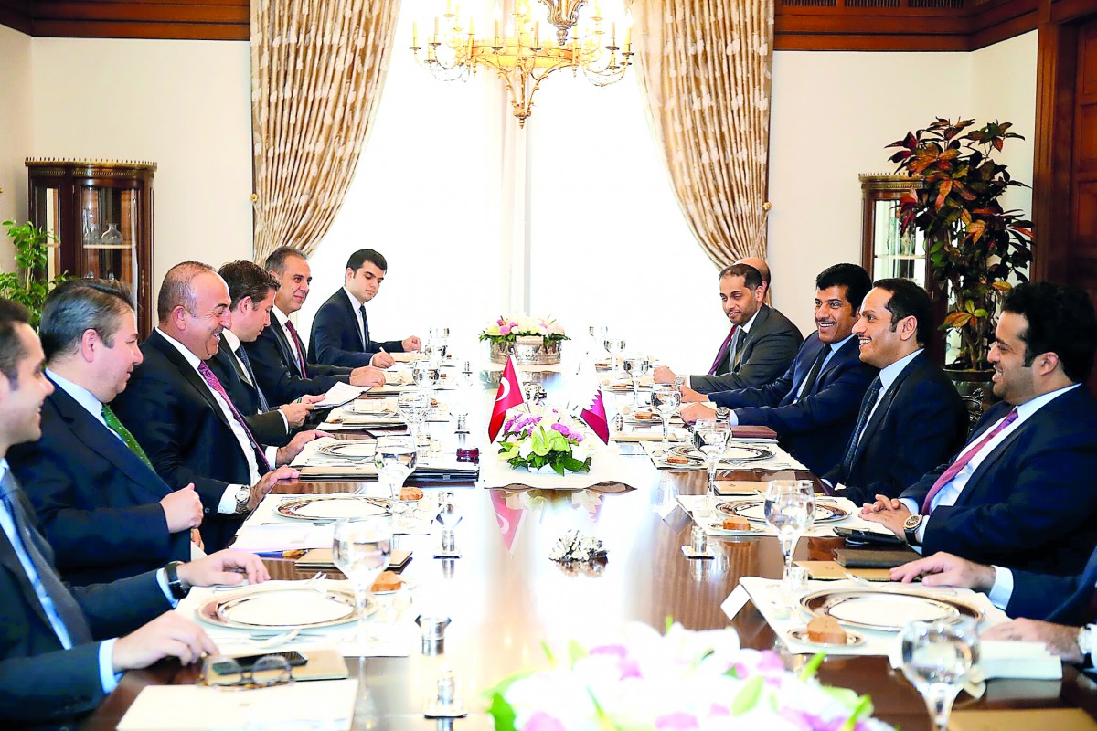 Foreign Minister H E Sheikh Mohammed bin Abdulrahman Al Thani and his Turkish counterpart Mevlut Cavusoglu during the third session of the Supreme Strategic Committee at the ministerial level between Qatar and Turkey, in Ankara yesterday.
