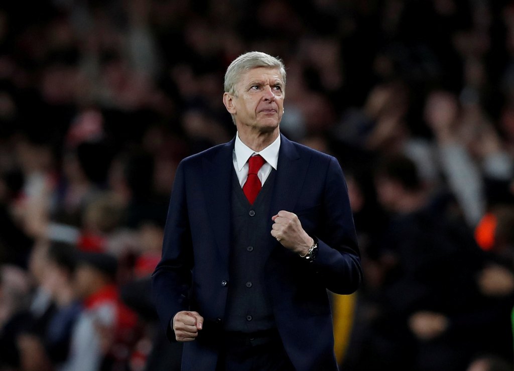 Arsenal manager Arsene Wenger celebrates after Edward Nketiah scored their second goal Action Images via Reuters/Peter Cziborra 
