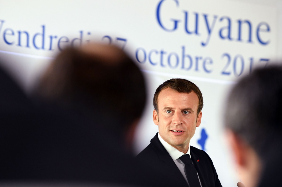 French president Emmanuel Macron speaks during a press conference at the prefecture in Cayenne, as part of a three-day visit to French Guiana on October 27, 2017. AFP / Alain Jocard