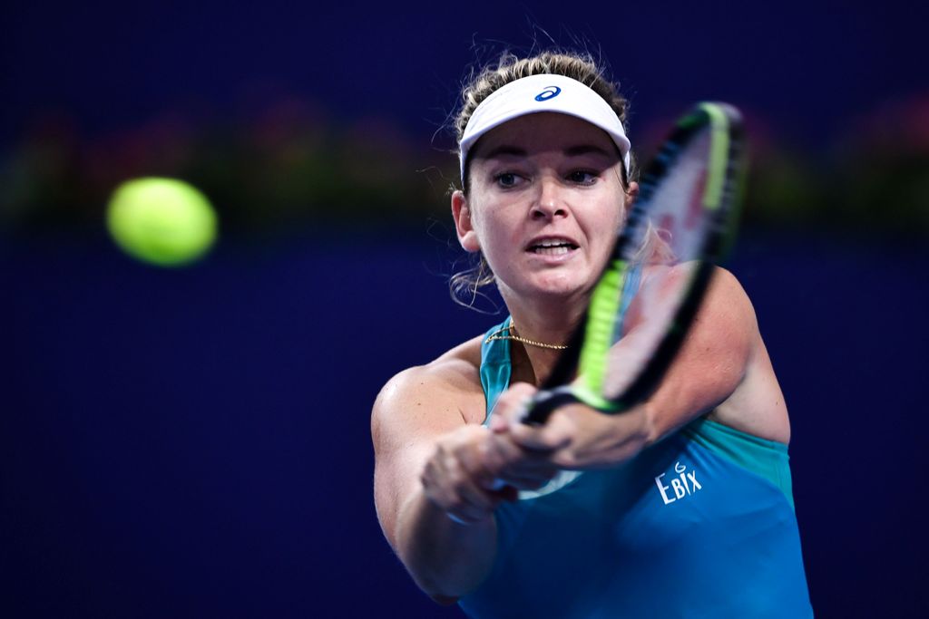 Coco Vandeweghe of the US hits a return during her women's singles match against Peng Shuai of China at the Zhuhai Elite Trophy tennis tournament in Zhuhai, in south China's Guangdong province on October 31, 2017 China OUT. AFP / STR