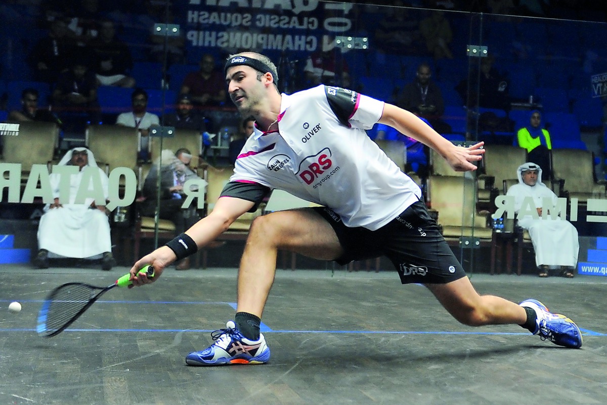 Germany’s Simon Rösner in action against the defending champion Karim Abdel Gawad of Egypt during the Qatar Classic 2017 Championship at the Khalifa International Tennis and Squash Complex in Doha yesterday. Picture: Anvar Sadat 