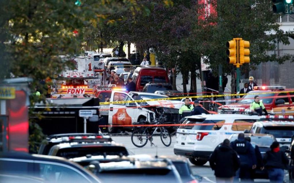 A Home Depot truck which struck down multiple people on a bike path, killing several and injuring numerous others, is seen as New York city first responders are at the crime scene in lower Manhattan in New York, NY, U.S., October 31, 2017. REUTERS/Brendan
