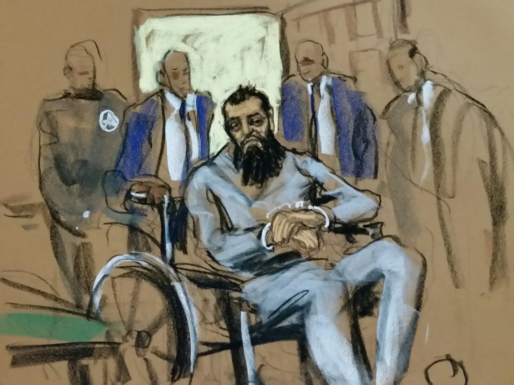 Sayfullo Saipov, the suspect in the New York City truck attack, is seen in this courtroom sketch appearing in Manhattan federal courtroom in a wheelchair in New York, NY, U.S., November 1, 2017. REUTERS/Jane Rosenberg 
