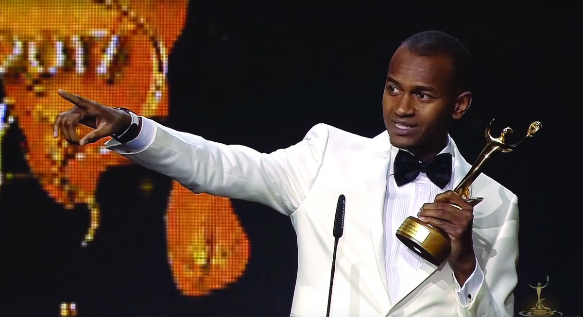 Qatar’s world champion Mutaz Barshim speaks after receiving his ‘Best Athlete in Asia’ award in Prague on Thursday.  Screen grab from Olympic Channel 
 