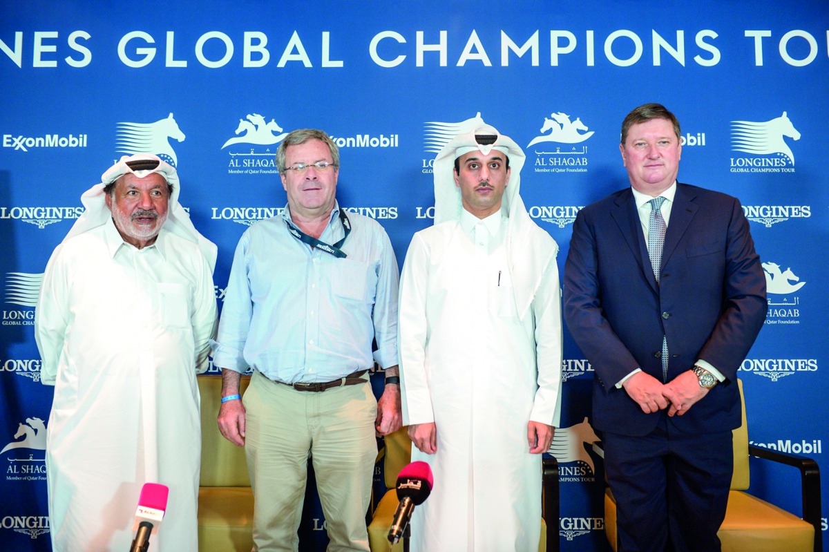 Omar Al Mannai, Event Director, Jan Tops (right) Founder and President of the Longines Global Champions Tour, and Marco Danese the Global Champions Tour Sports Director,  pose for a group photo after the pre-event press conference at Al Shaqab yesterday.